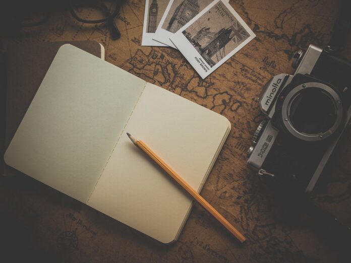 notebook, camera, map