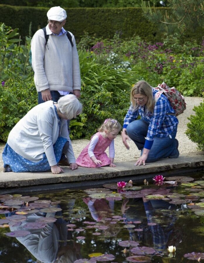 lilly pond, little girl in pink dress, mother and grandparents